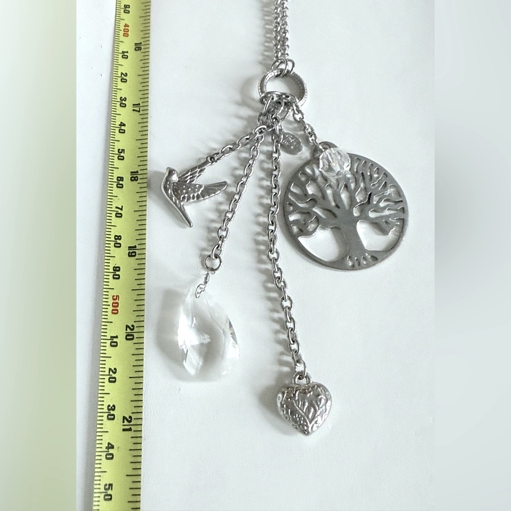 🌳 Cookie Lee Silver Charm Necklace w/Heart Dove Crystal Accents & Tree of Life - Picture 9 of 11